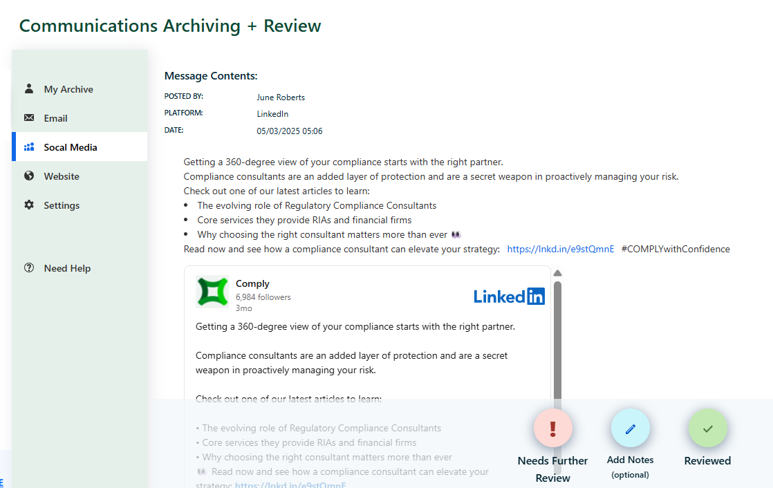 Communications Archiving - Social Media Post