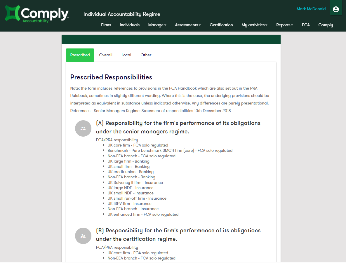 Comply Accountability - Responsibility Screenshot
